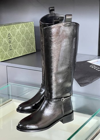 Gucci Siyah Deri Diz Alti Cizme