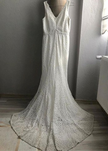 V Yakalı Uzun Kollu Beyaz Balık Elbise Gelinlik - Görsel 2