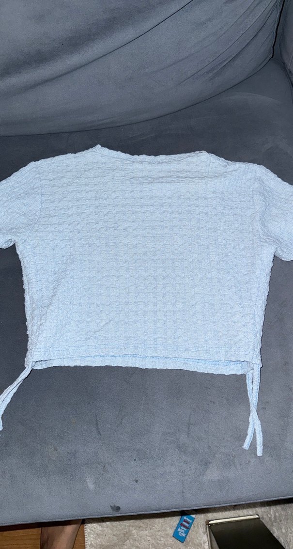 Açık Mavi Büzgülü Kısa Kollu Crop Bluz — görsel 2/3