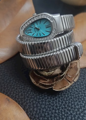 Turkuaz Rengi Bvlgari Yılanlı Taşlı Bayan Saati - Görsel 5