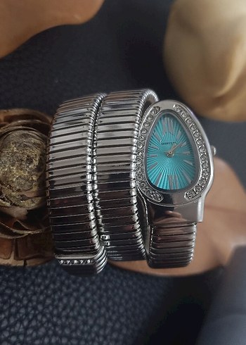 Turkuaz Rengi Bvlgari Yılanlı Taşlı Bayan Saati - Görsel 2