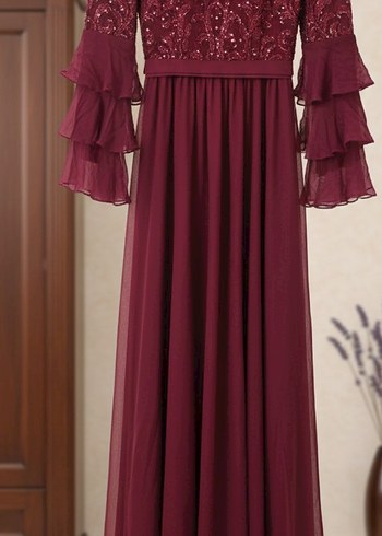 Bordo İşlemeli Uzun Kollu Kadın Abiye - Görsel 3