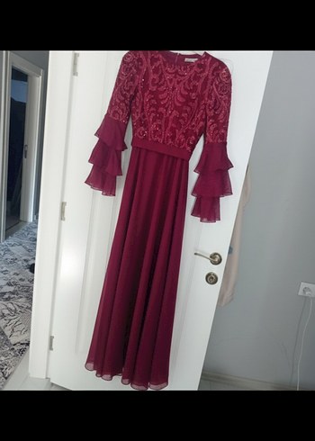 Bordo İşlemeli Uzun Kollu Kadın Abiye - Görsel 2