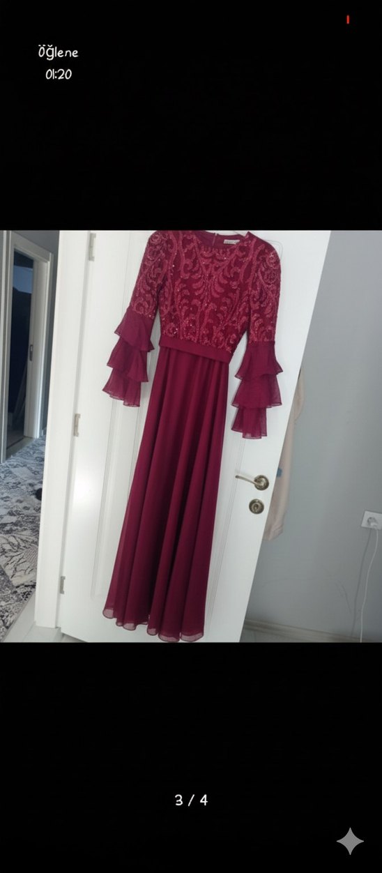 Bordo İşlemeli Uzun Kollu Kadın Abiye - Görsel 2