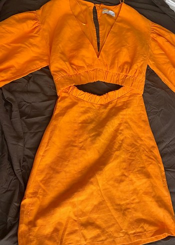 Bershka Parlak Turuncu V Yakalı Keten Mini Elbise