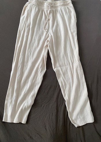 Beyaz Keten Salaş Midi Kadın Pantolon - Görsel 3