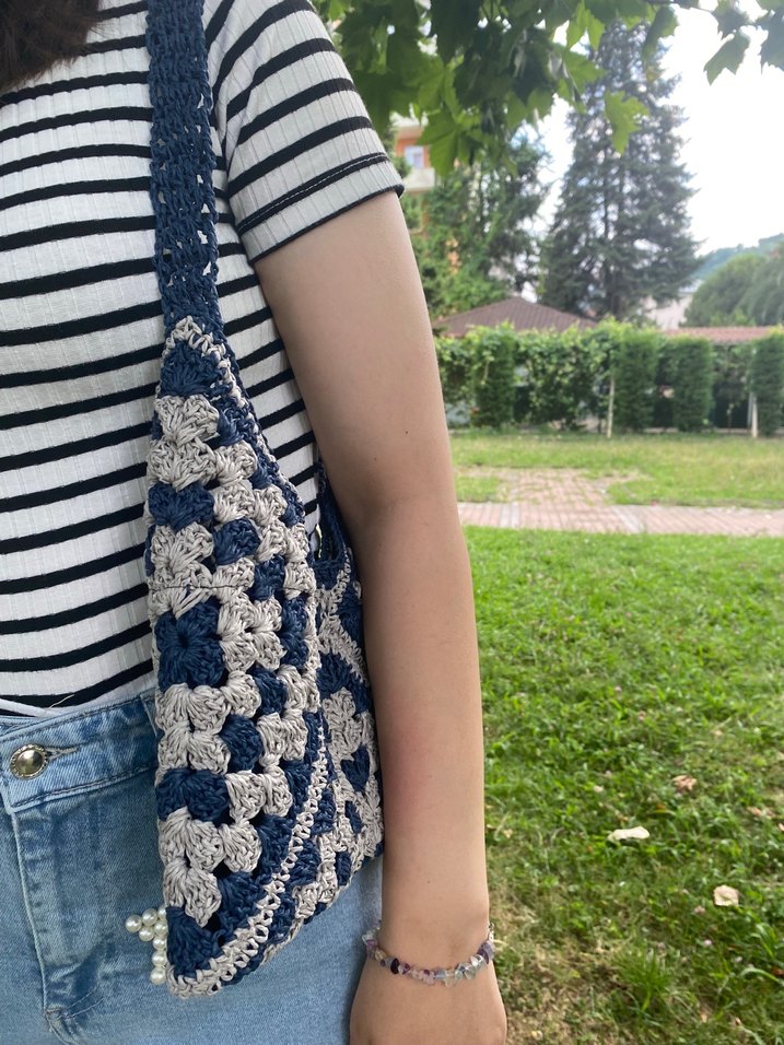 El Örgüsü Mavi Gri Bohem Kadın Çanta - Görsel 3