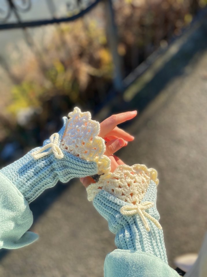 Bohem Mavi Örgü Kadın Eldiveni - Görsel 3