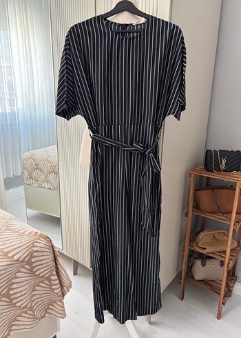 Siyah Çizgili Kadın Midi Tulum - Görsel 2