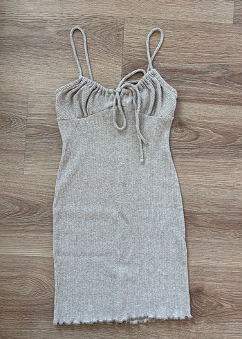 Bershka Bej Renkli Örgü Fitilli Ultra Mini Elbise