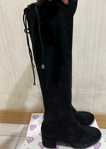 Siyah Süet Dizüstü Topuklu Çizme - Görsel 2