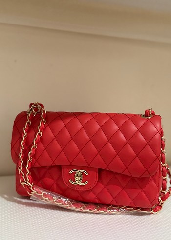 Zincir Detaylı Klasik Kırmızı Deri Çanta ithal - Görsel 2
