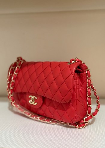 Zincir Detaylı Klasik Kırmızı Deri Çanta ithal - Görsel 3