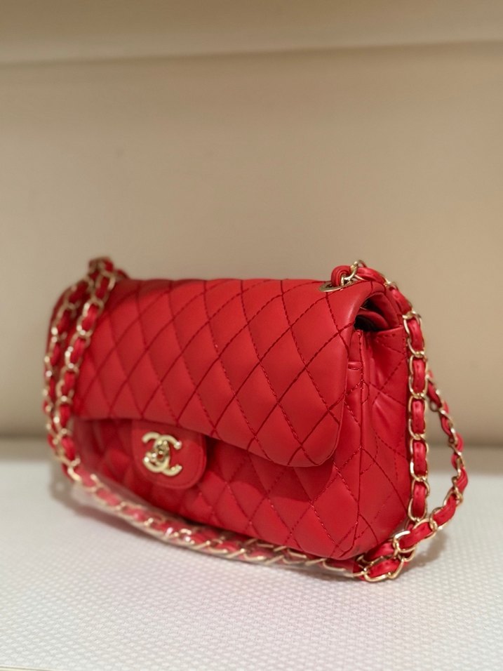 Zincir Detaylı Klasik Kırmızı Deri Çanta ithal - Görsel 3