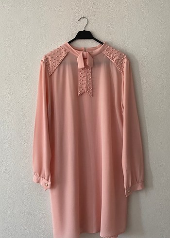 İnci detaylı Pembe Midi Tunik