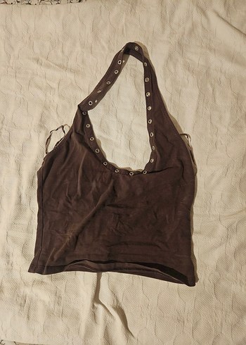 Kahverengi Halter Yaka Crop Top (Large Beden)