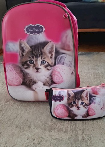 Pembe Kedi Desenli Çocuk Okul Çantası