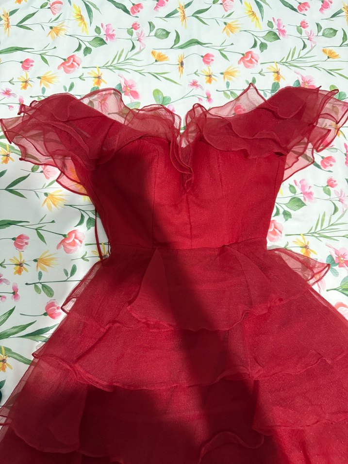 Kırmızı Fırfırlı Mini Abiye Elbise - Görsel 2