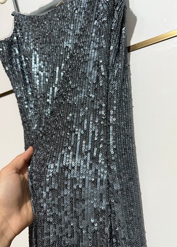 Koton Gri Payetli Uzun Askılı Kadın Abiye Elbise