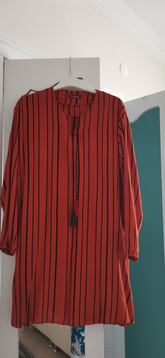 Püsküllü turuncu siyah çizgili Kadın Tunik - Görsel 5