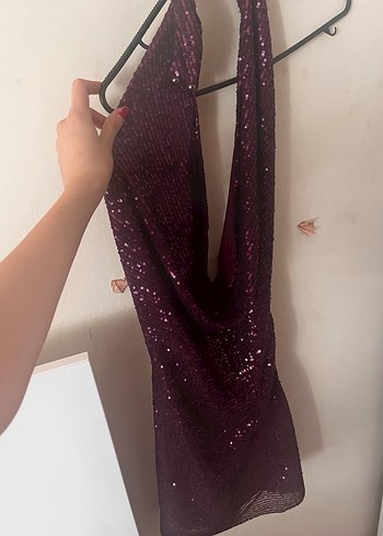 Parlak Halter Yaka Mor Midi Elbise