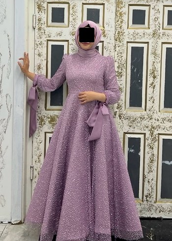 Uzun Kollu İşlemeli Mor Tesettür Abiye - Görsel 2