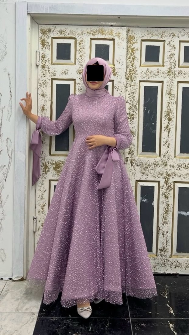 Uzun Kollu İşlemeli Mor Tesettür Abiye - Görsel 2