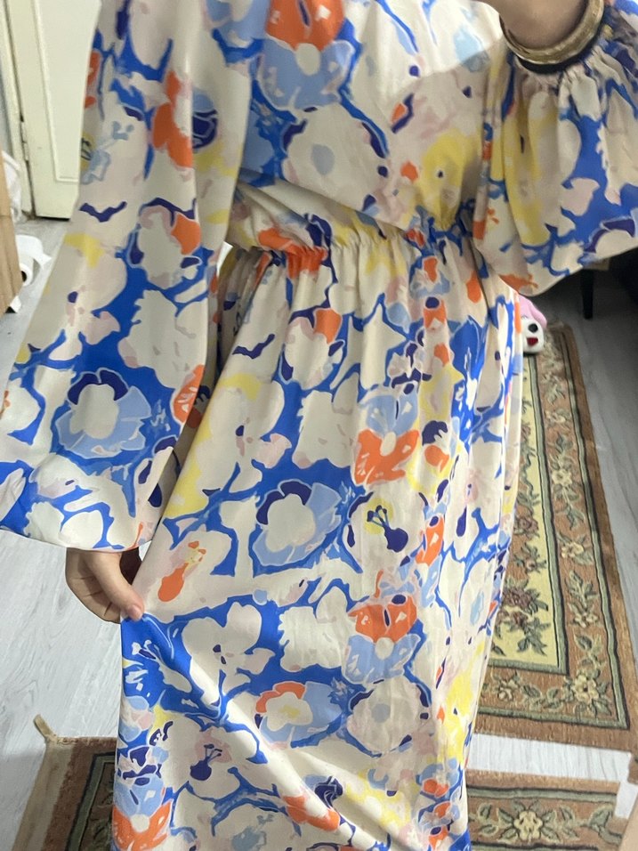 Bohem Tarz Pastel Renkli Bağlama Desenli Uzun Elbise - Görsel 4