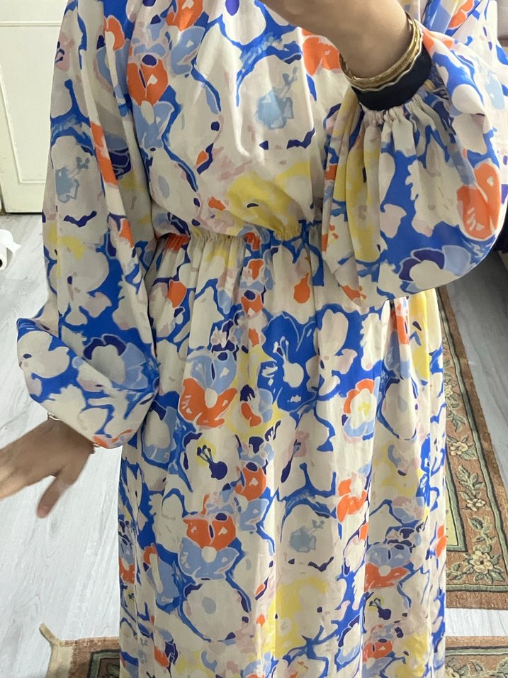 Bohem Tarz Pastel Renkli Bağlama Desenli Uzun Elbise - Görsel 3