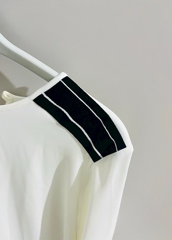 Beyaz Uzun Kollu siyah şeritli kadın gömlek tunık - Görsel 3