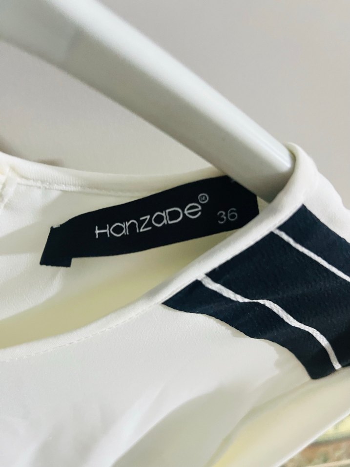 Beyaz Uzun Kollu siyah şeritli kadın gömlek tunık - Görsel 4