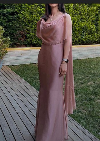 Bej Drapeli Uzun Abiye Elbise