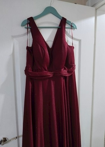 50 Beden bordo Renk Bordo Uzun Drapeli V Yaka Abiye Elbise