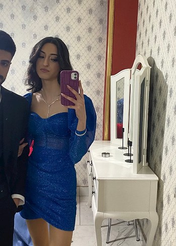 Simli Tül Kumaş Astarlı Göğüs Gloplu Fermuarlı Mavi Mini Elbise