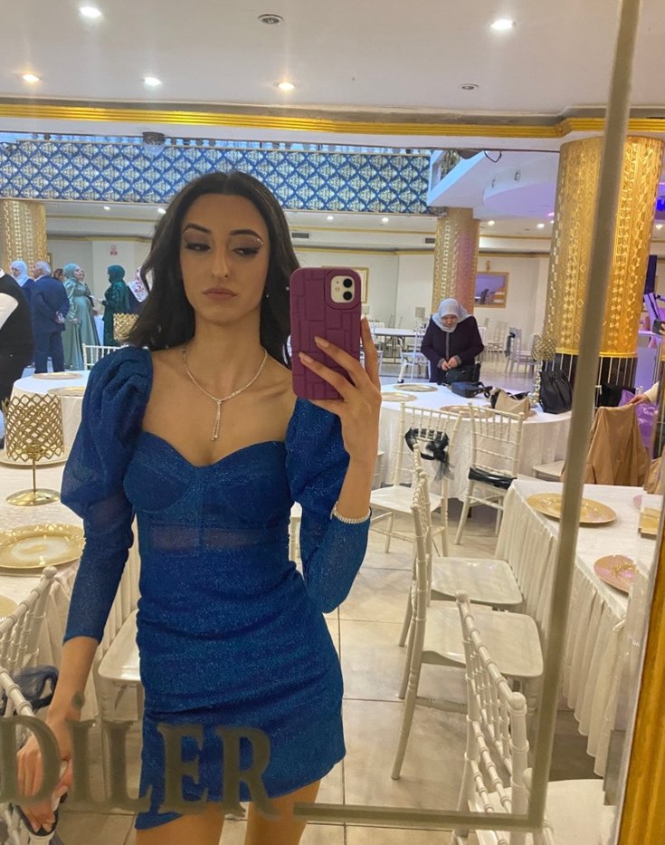 Simli Tül Kumaş Astarlı Göğüs Gloplu Fermuarlı Mavi Mini Elbise - Görsel 4