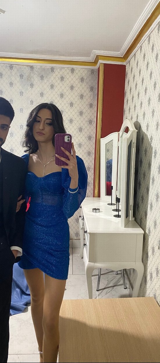 Simli Tül Kumaş Astarlı Göğüs Gloplu Fermuarlı Mavi Mini Elbise - Görsel 3