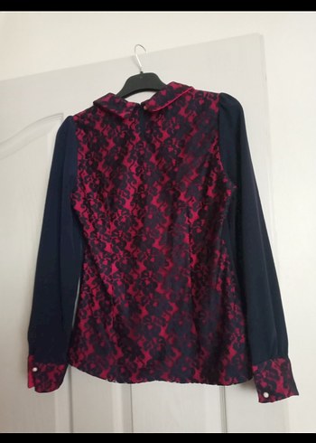 Diğer Bordo lacivert arkası dantelli yakası taşlı Uzun Kollu Gömlek