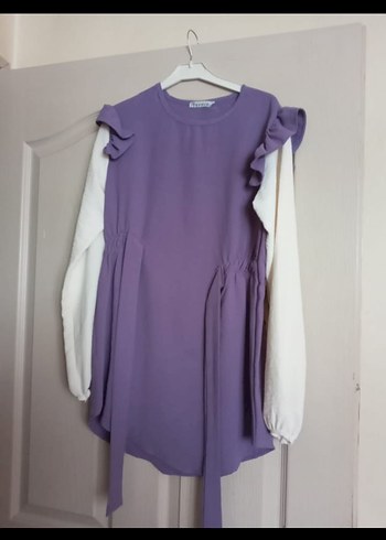 Mor Mini Kadın Tunik, Uzun Kollu, Fırfırlı