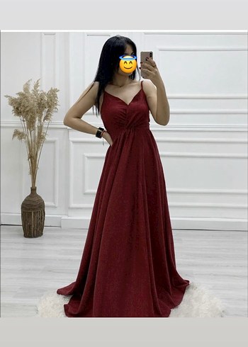 Abiye Bordo Uzun Askılı V Yaka Abiye Elbise