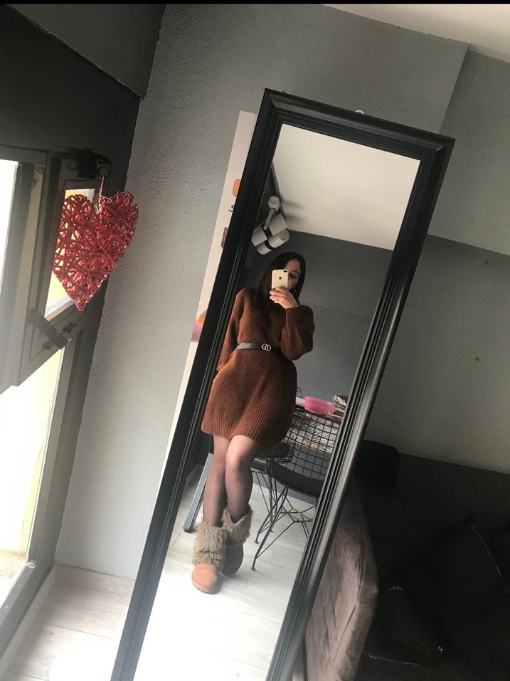 Kahverengi Yünlü Kemerli Triko Elbise - Görsel 2