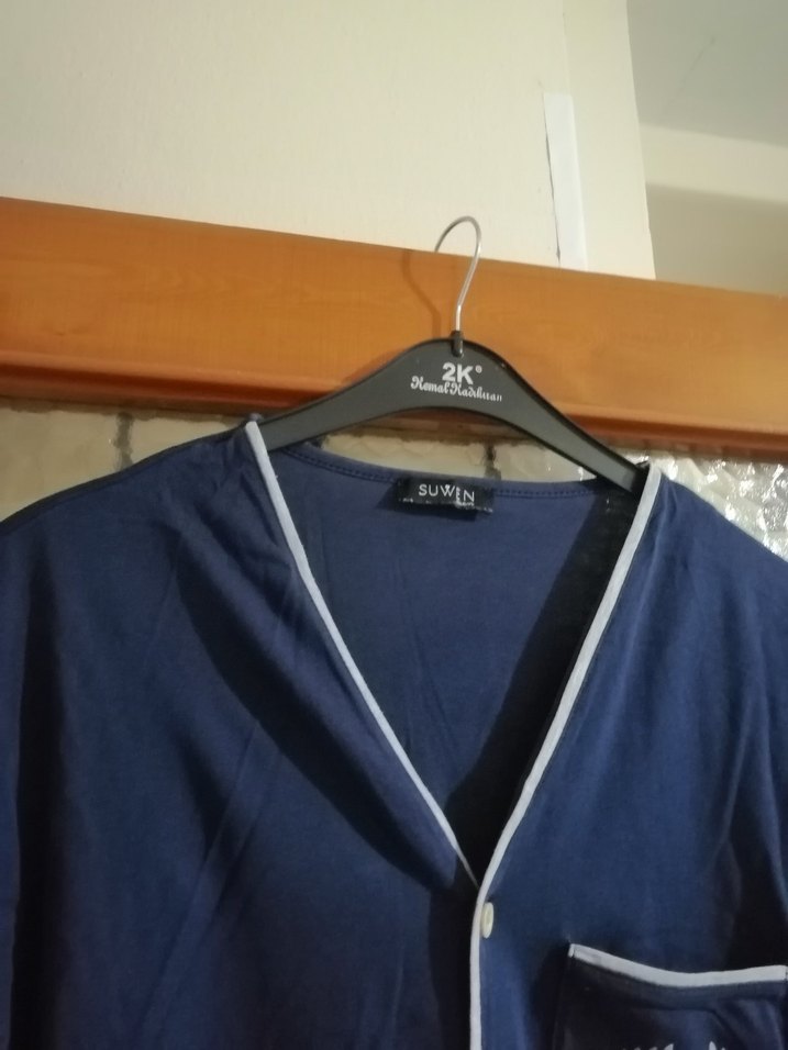 Düğmeli V Yaka Kısa Kollu Erkek Pijama takımı - Görsel 2