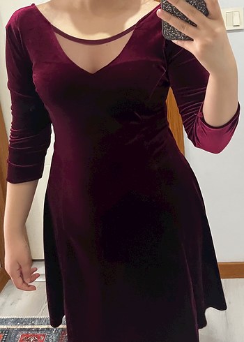 Bordo Süet V Yaka Midi Elbise