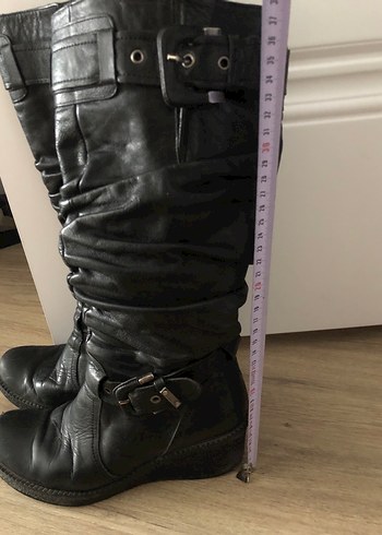 Siyah Deri Tokalı Dizüstü Topuklu Çizme - Görsel 4