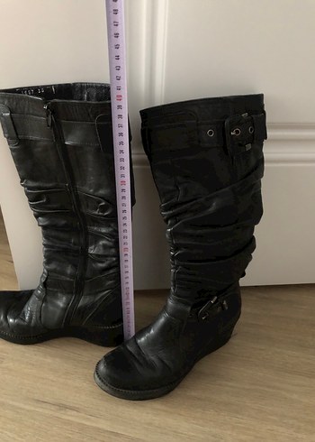 Siyah Deri Tokalı Dizüstü Topuklu Çizme - Görsel 2