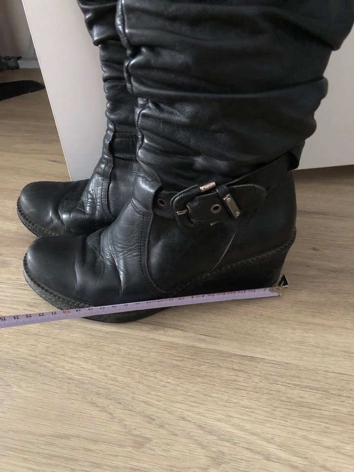 Siyah Deri Tokalı Dizüstü Topuklu Çizme - Görsel 3