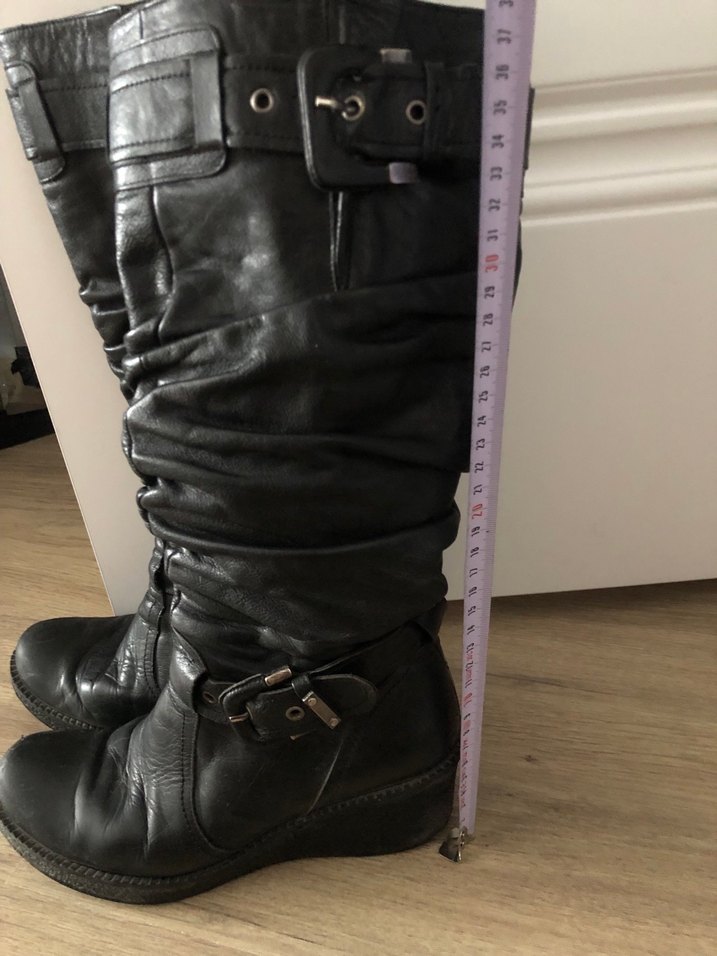 Siyah Deri Tokalı Dizüstü Topuklu Çizme - Görsel 4