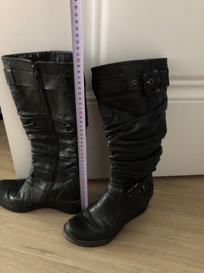 Siyah Deri Tokalı Dizüstü Topuklu Çizme - Görsel 2