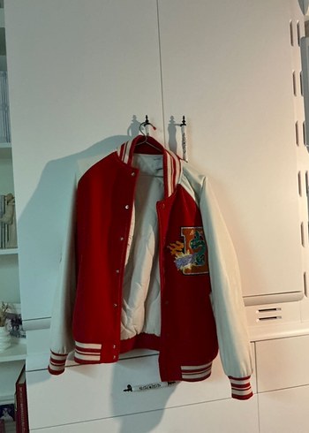 s Beden Kırmızı Beyaz Baskılı Street Wear Kadın Ceket