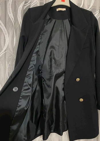 l Beden siyah Renk Siyah Düğmeli Midi Kadın Blazer Ceket