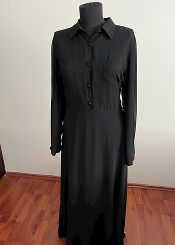 38 Beden Düğmeli Siyah Uzun Kadın Elbise